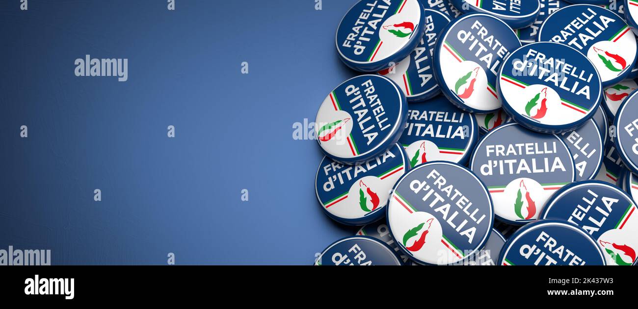 Loghi del Partito di destra italiano Fratelli d'Italia in un mucchio. Formato banner Web con spazio di copia. Foto Stock