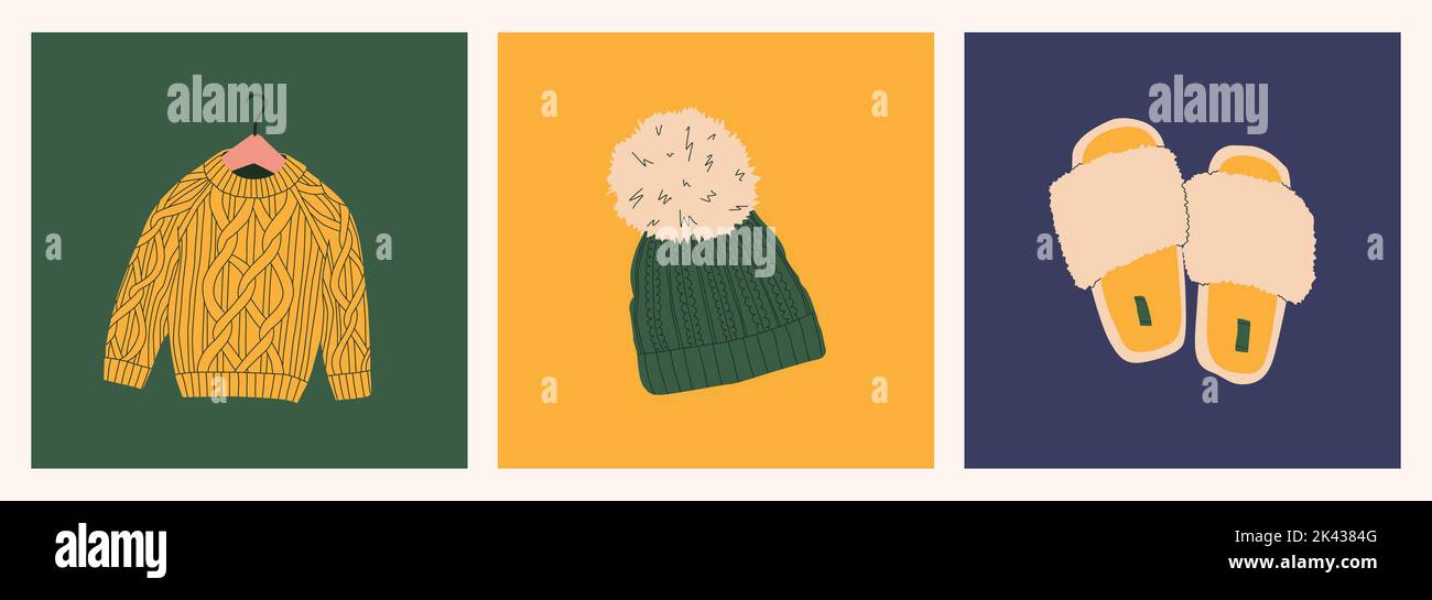 Maglione a maglia, cappello con pompon, comode pantofole. Set di elementi di design autunnali. Illustrazioni a isolamento piatto vettoriale. Illustrazione Vettoriale