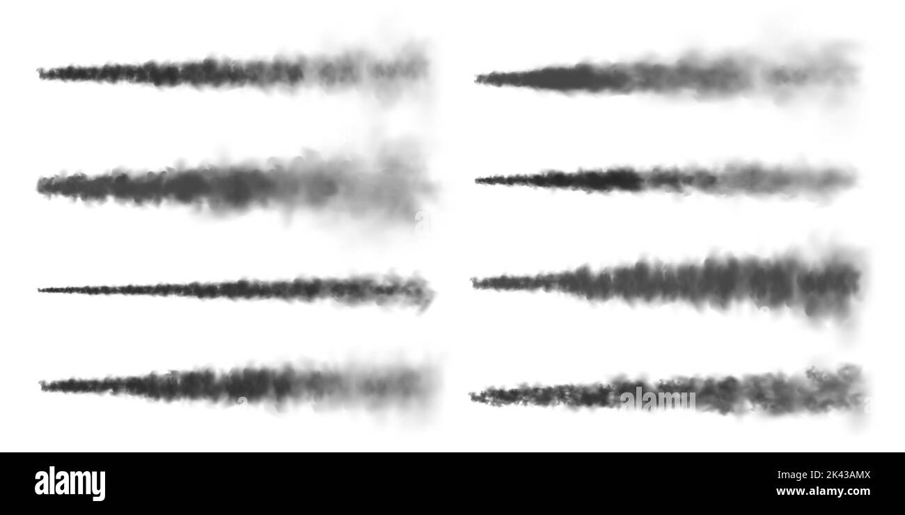 Missile realistico o bullet trail. Piste di condensazione di aerei, piste di aerei a reazione. Lancio del razzo spaziale. Nubi di fumo nero, esplosione. Flusso di vapore Illustrazione Vettoriale