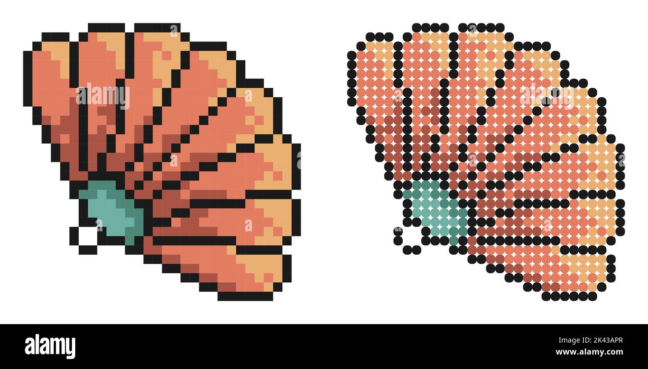 Icona pixel. Ventilatore teatrale. Ventilatore pieghevole femminile di geisha giapponese. Semplice vettore di gioco retrò isolato su sfondo bianco Illustrazione Vettoriale