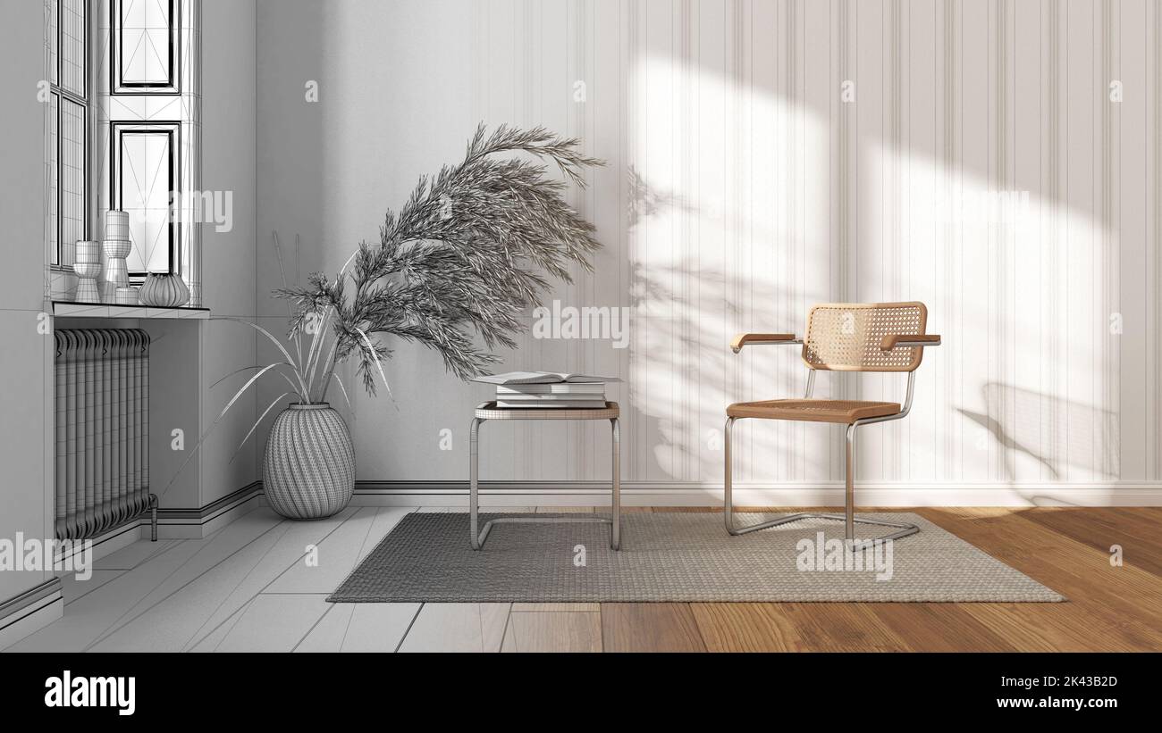 Architetto interior designer concetto: Progetto disegnato a mano incompiuto che diventa reale, salotto. Poltrone in rattan e rubano, tavolino, carpa Foto Stock