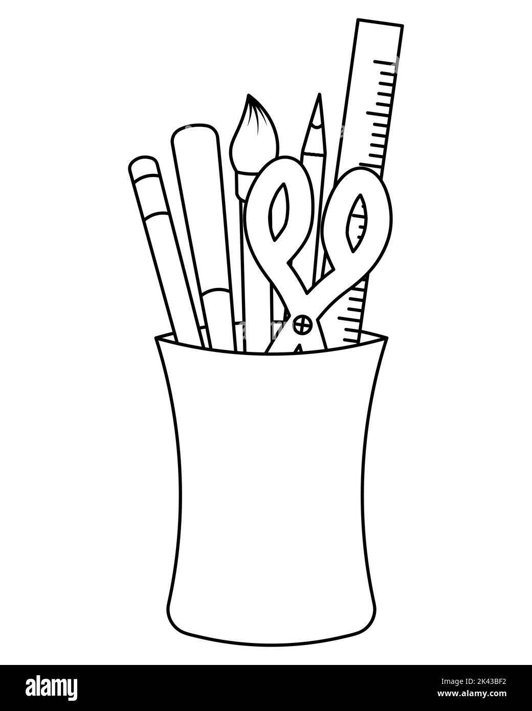 Un set di cancelleria in vetro. Schizzo. Forbici, penne, matita. Illustrazione vettoriale. Libro da colorare per bambini. Stile Doodle. Illustrazione Vettoriale