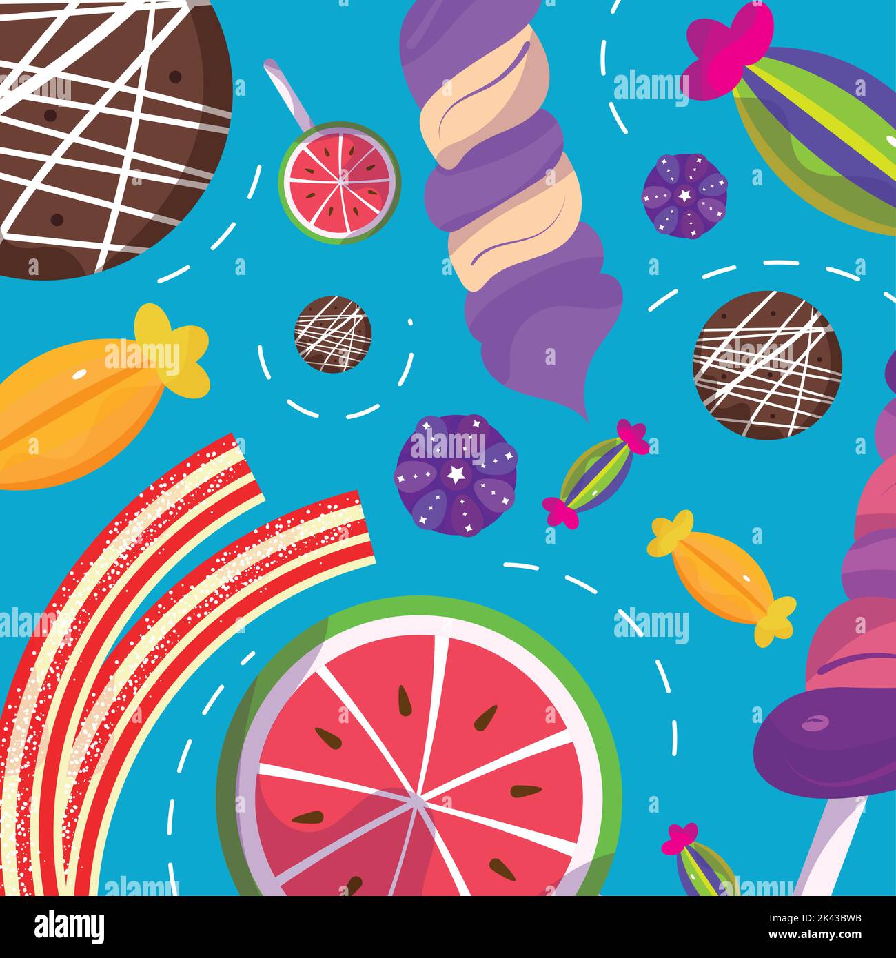 Sfondo colorato senza cuciture con caramelle e lecca Vector Illustrazione Vettoriale