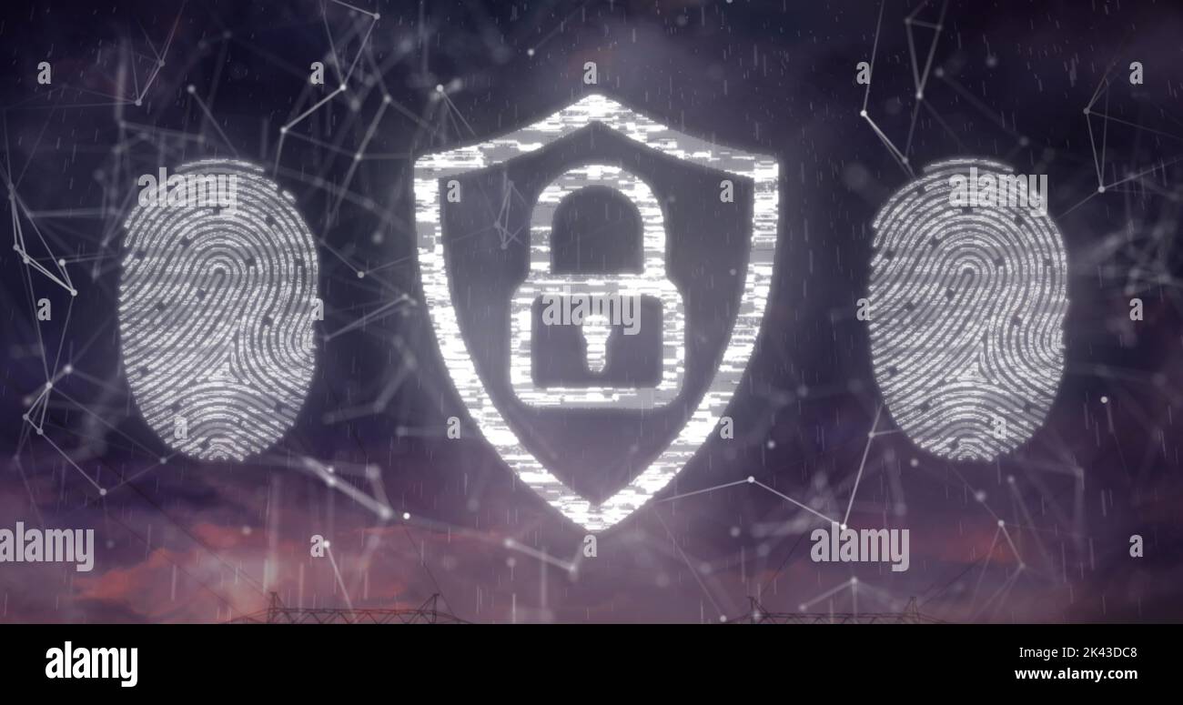 Immagine degli scanner di impronte digitali biometrici e dell'icona del lucchetto di sicurezza contro i ripetitori mobili Foto Stock