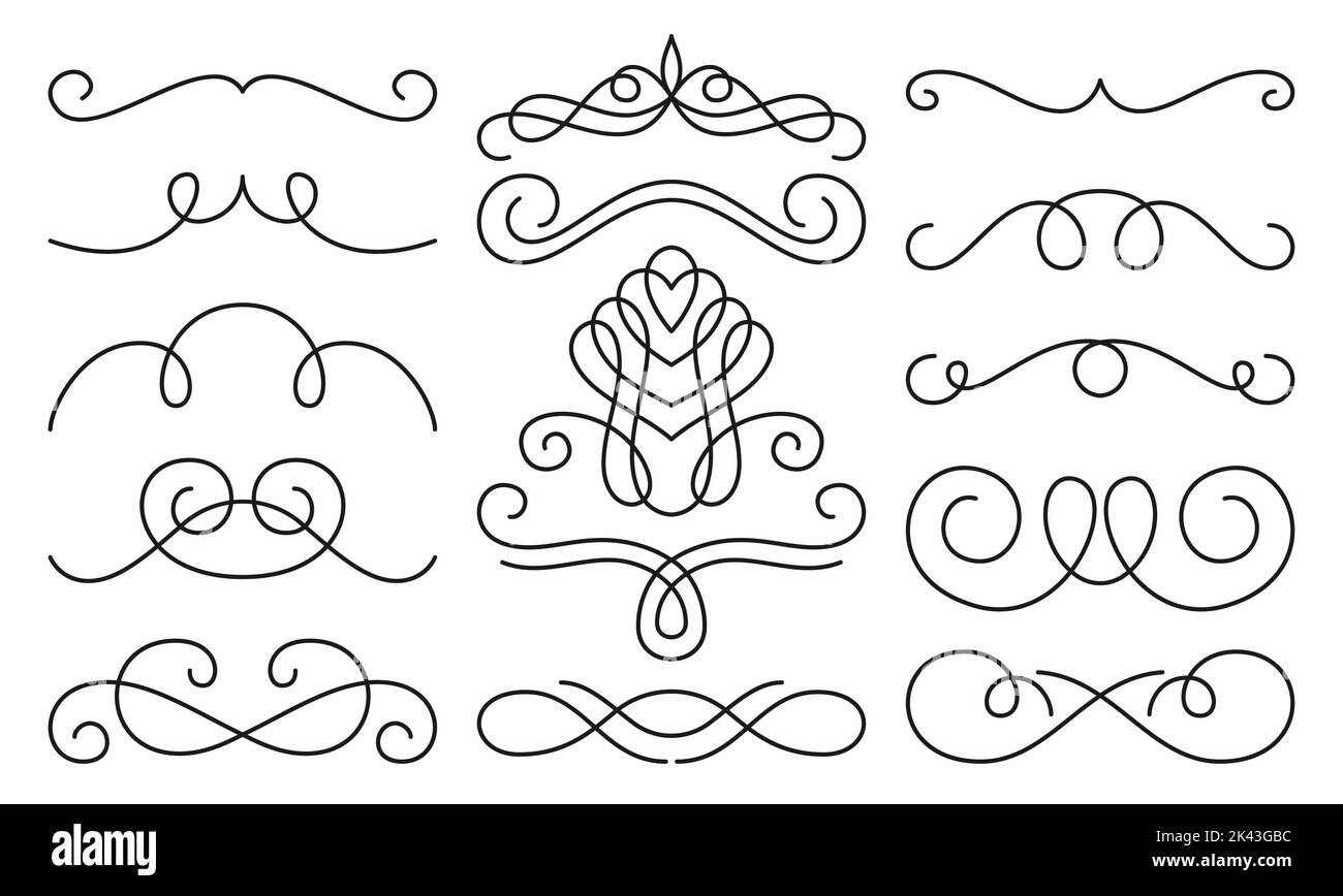 Divisorio cornice Calligraphy decor set. Telaio lineare vittoriano fiorisce. Vignette vintage scorre, con motivo a linee nere. Elemento di design tipografico retrò disegnato a mano festivo per carte, menu, diploma Illustrazione Vettoriale