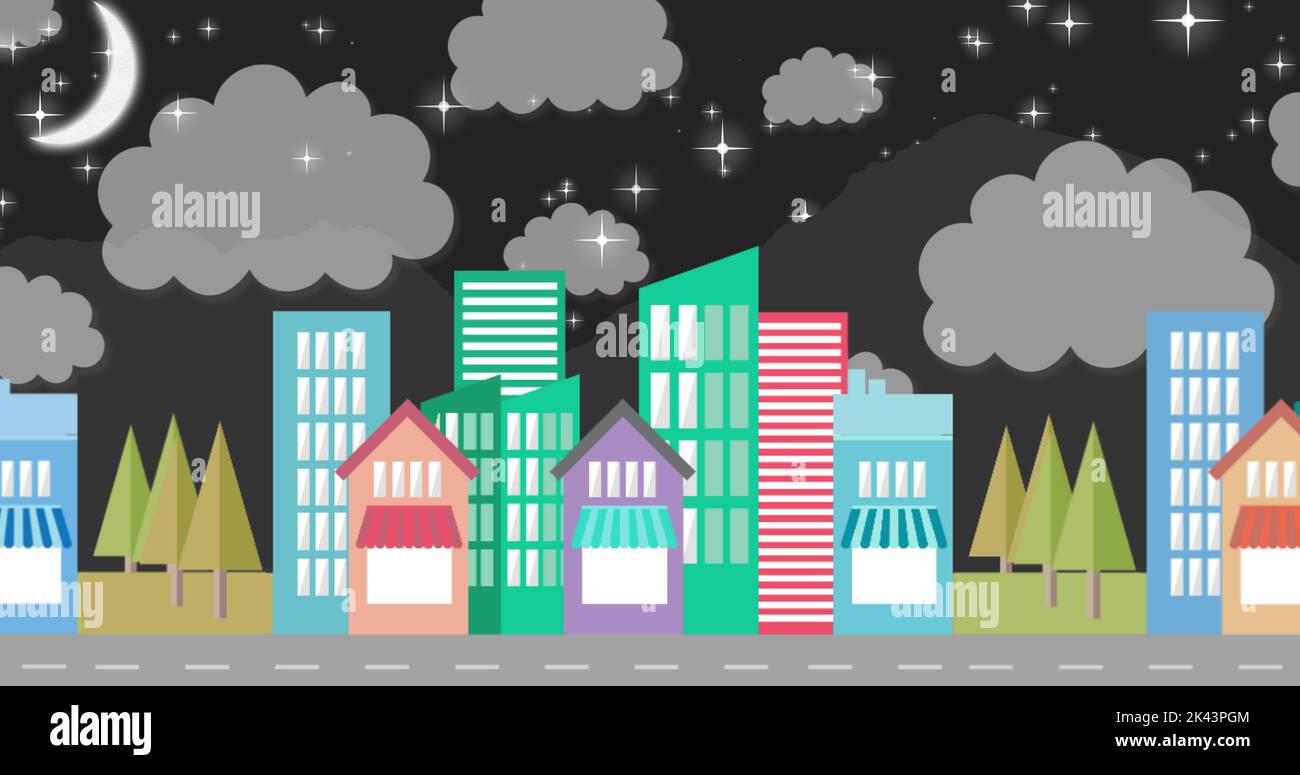 Immagine di un paesaggio urbano colorato con più edifici e strade che si muovono su luna crescente, stelle e nuvole nel cielo notturno. Colore e mov Foto Stock