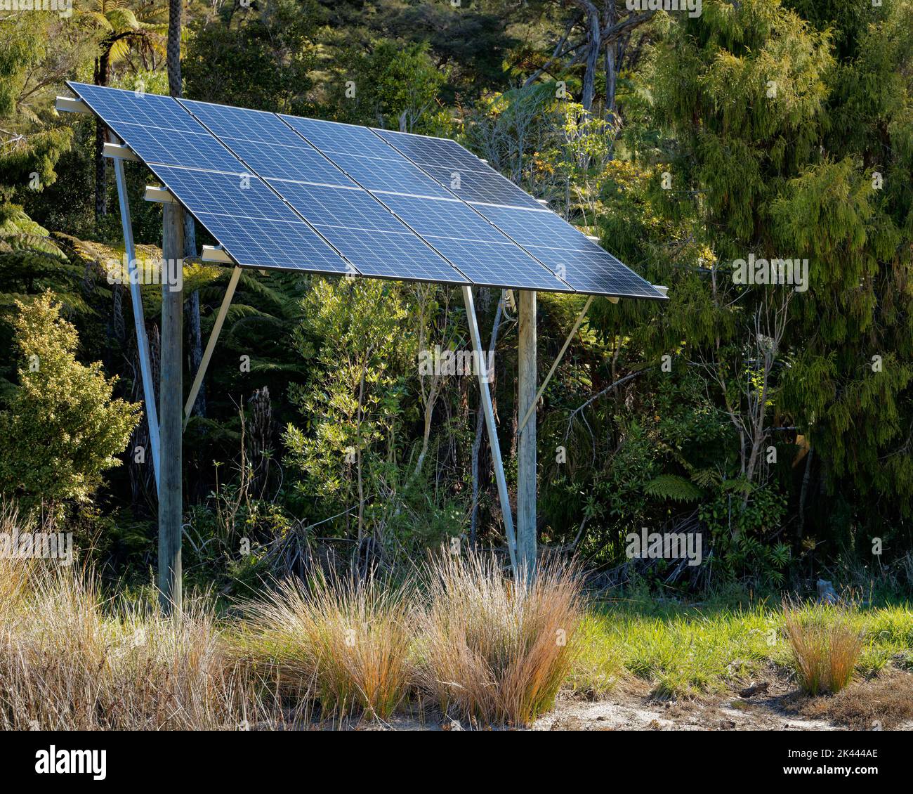 Vivere fuori dalla griglia. I pannelli solari che forniscono energia elettrica ad una griglia fuori casa in Nuova Zelanda il paese indietro. Foto Stock