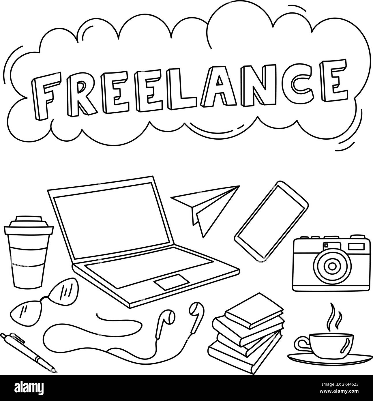 Doodle Freelance Vector design lavora a casa e ovunque il concetto funziona in remoto Illustrazione Vettoriale