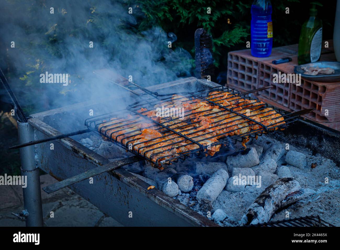 ali di pollo alla griglia . Barbecue sulla foresta. Cuocere il pollo al barile con una griglia. Barbecue pollo su un fuoco aperto nel pic-nic Foto Stock