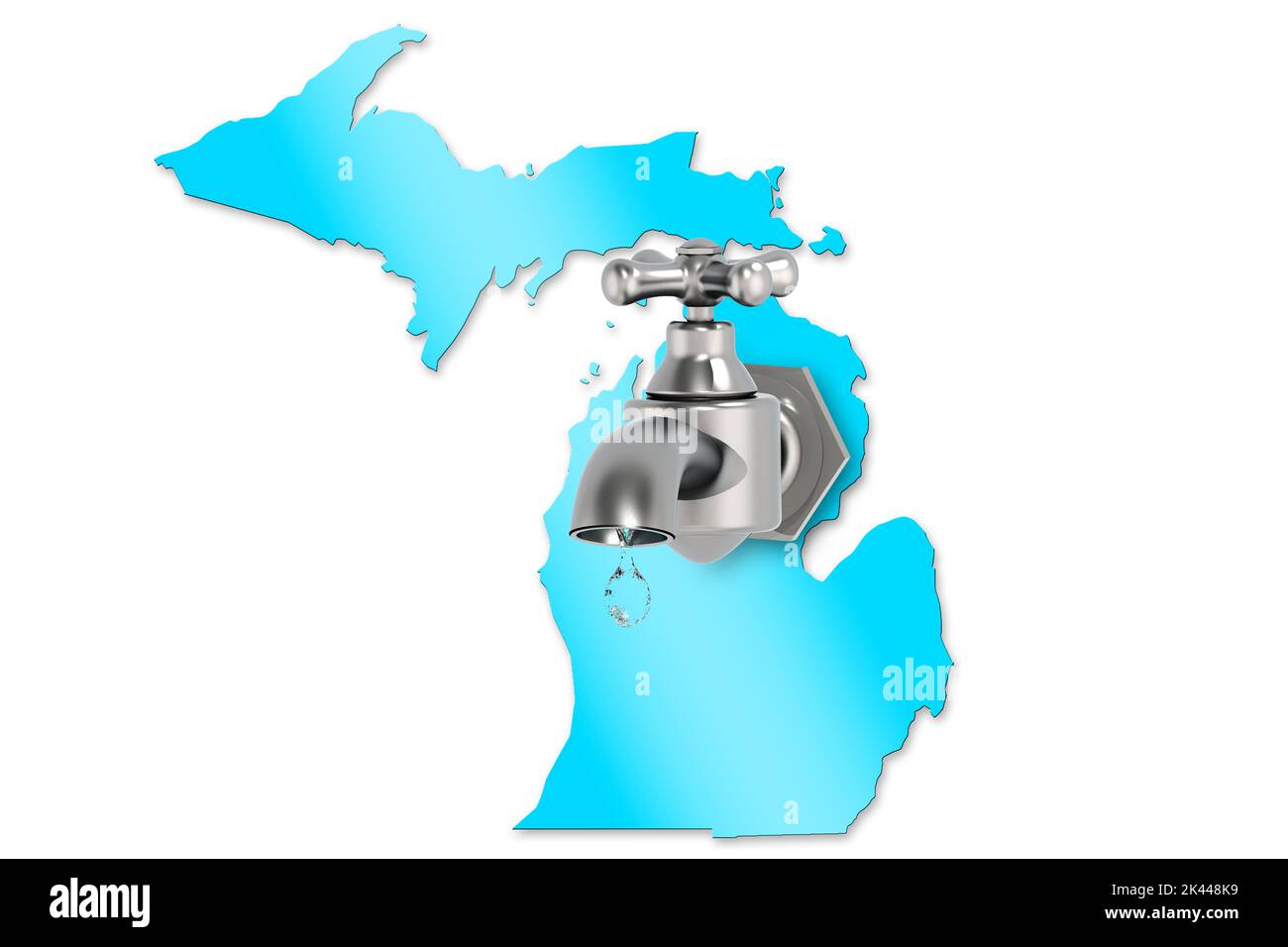 Mappa del Michigan con rubinetto d'acqua per il concetto di carenza d'acqua, rendering 3D Foto Stock