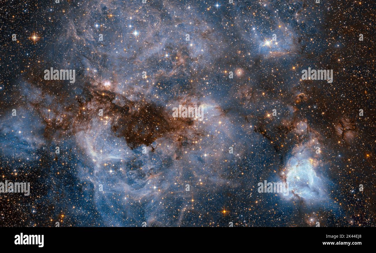 Spazio. 5th Set, 2016. Questo scatto del telescopio spaziale NASA/ESA Hubble mostra un maelstrom di gas incandescente e polvere scura all'interno di una delle galassie satellitari della Via Lattea, la grande nuvola Magellanica (LMC). Questa scena tempestosa mostra un vivaio stellare conosciuto come N159, una regione HII in oltre 150 anni luce. N159 contiene molte giovani stelle calde. Queste stelle stanno emettendo luce ultravioletta intensa, che causa il gas di idrogeno vicino a brillare, e venti stellari torrenziali, che stanno scolpendo creste, archi, e filamenti dal materiale circostante. Al centro di questa nube cosmica si trova il Papillon Foto Stock
