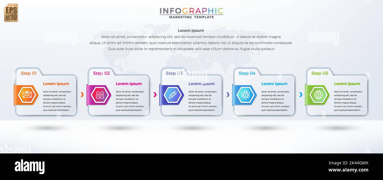 Infografica disegno vettoriale Business marketing colorato modello cartella icona esagonale 5 opzioni o passi in stile minimal. Potete usare per il professionista di vendita Illustrazione Vettoriale
