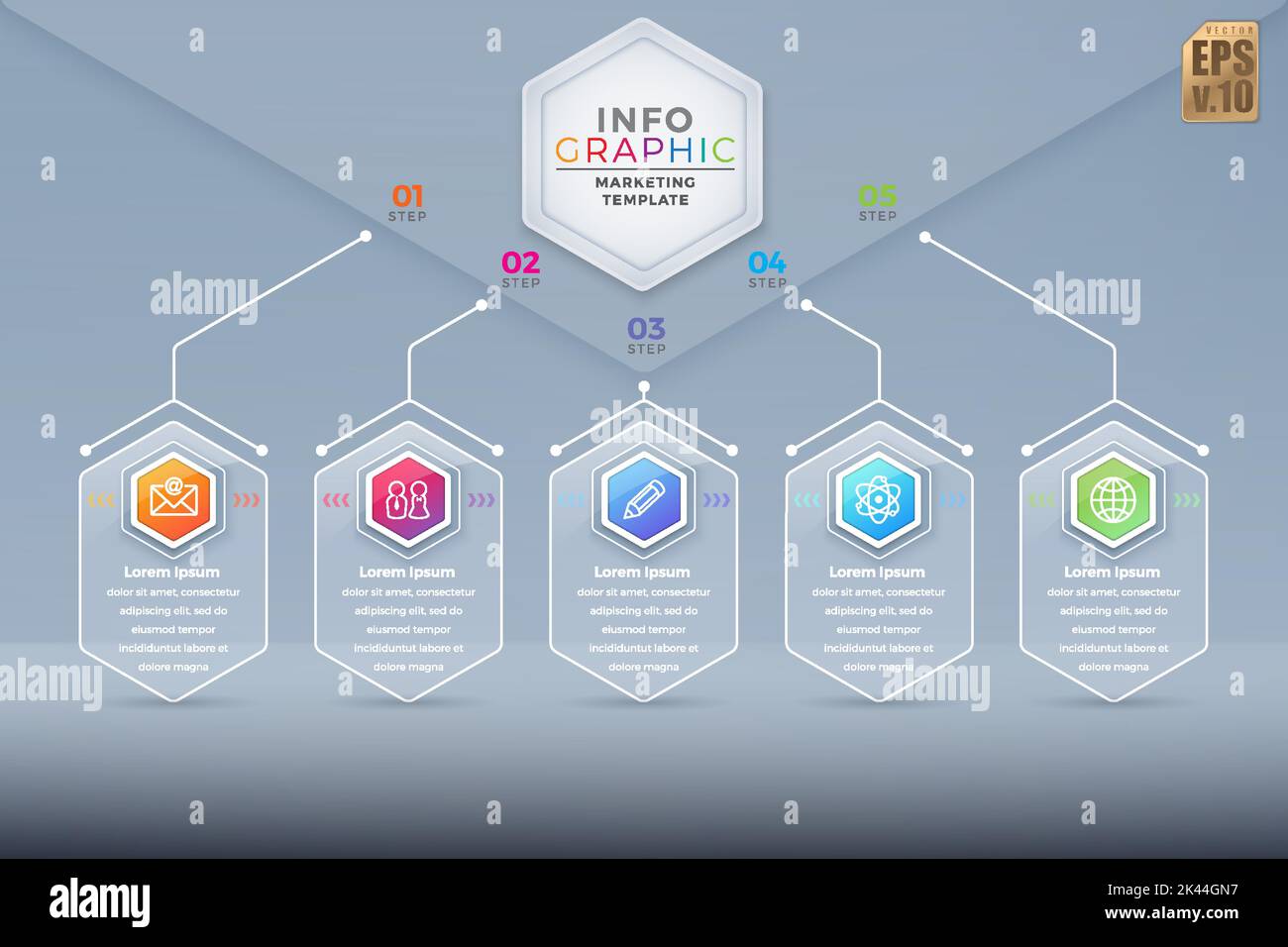Infografica vettore business icone esagono design lusso modello colorato. 5 opzioni in trasparenza vetro. È possibile utilizzare per il processo di marketing, il lavoro Illustrazione Vettoriale