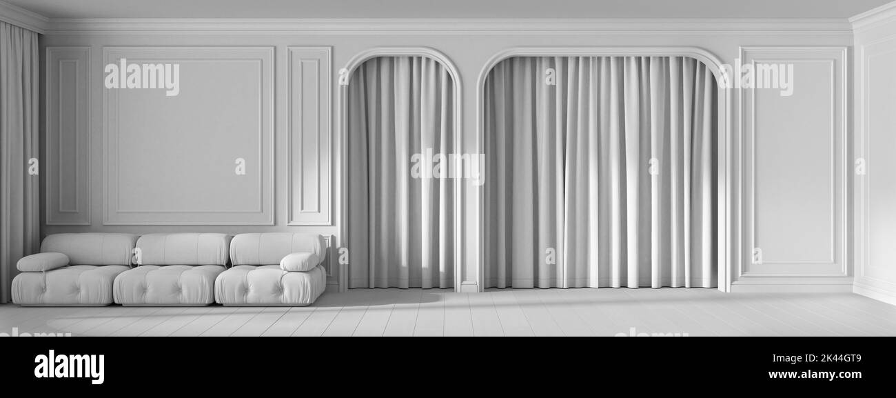 Progetto bianco totale, vista panoramica del classico soggiorno con parete sagomata, porte ad arco con tenda e pavimento in parquet. Moderno divano in velluto. BA Foto Stock