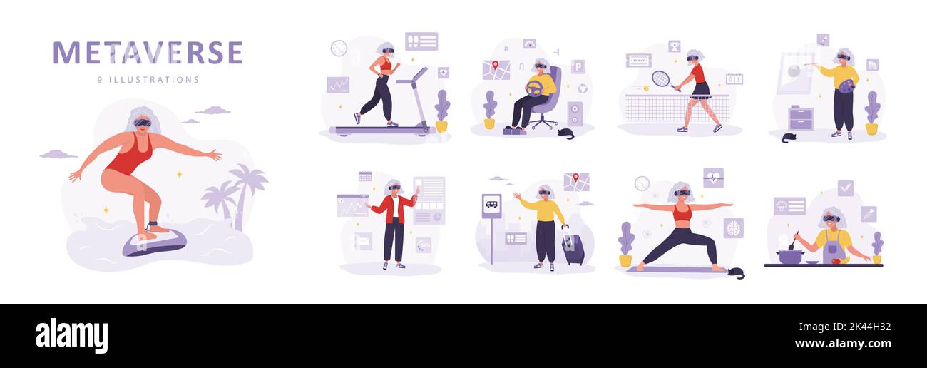 Concetto metaverse. Donne anziane che lavorano con i visore VR, fanno sport e dipingere. Simulatore di videogiochi. Intrattenimento tecnologico moderno. Set di Illustrazione Vettoriale