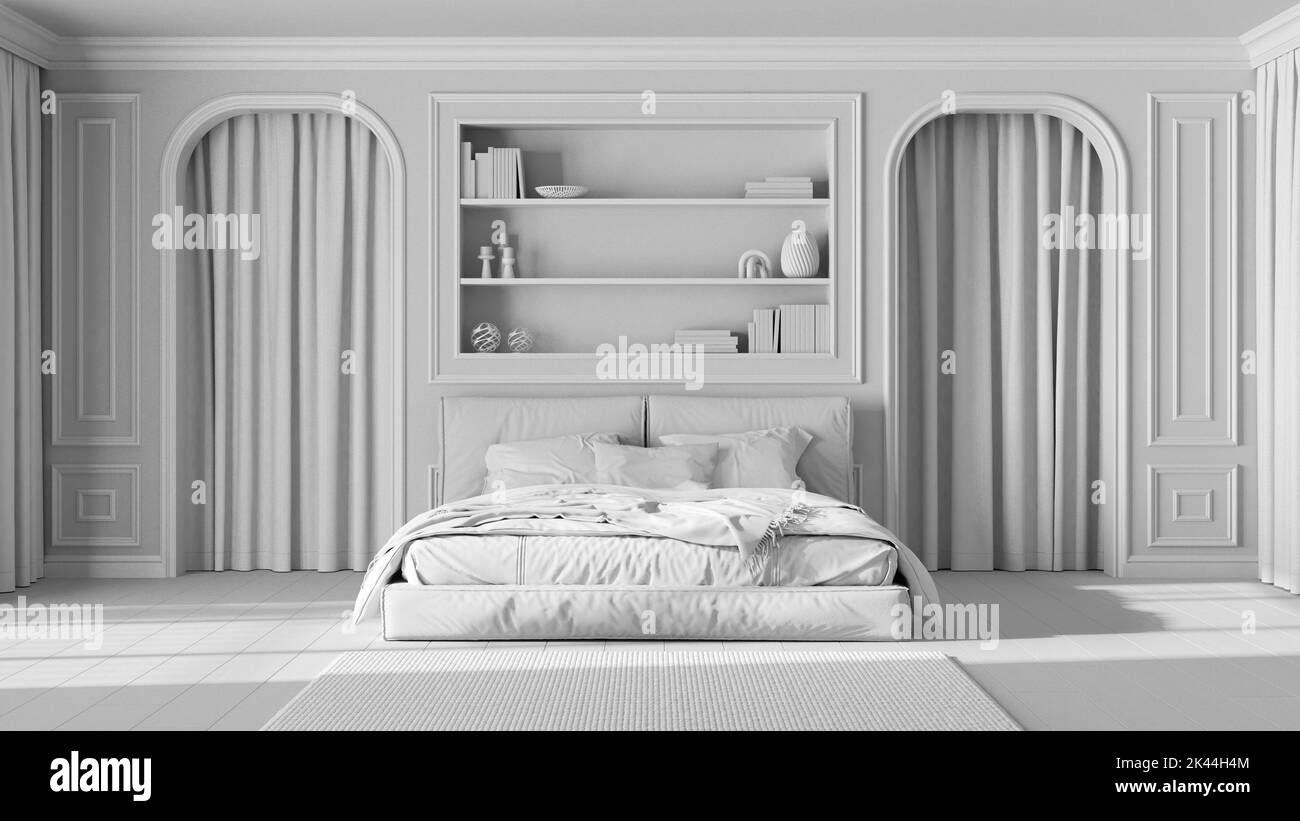 Progetto totale bianco, camera da letto neoclassica. Letto matrimoniale e moquette, pareti ad arco con tende. Pareti stampate e scaffale, parquet. Classico interio Foto Stock