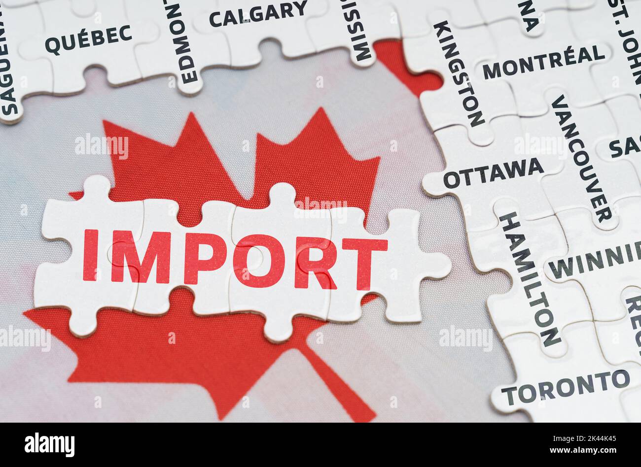 Concetto nazionale. La bandiera del Canada caratterizza i puzzle di nome della città e i puzzle di puzzle con le parole - importazione Foto Stock