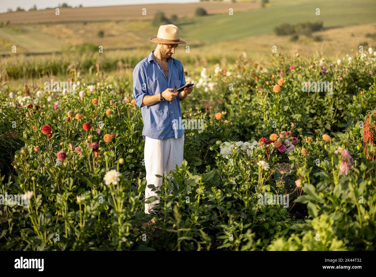 Contadino con telefono su fattoria fiorita all'aperto Foto Stock