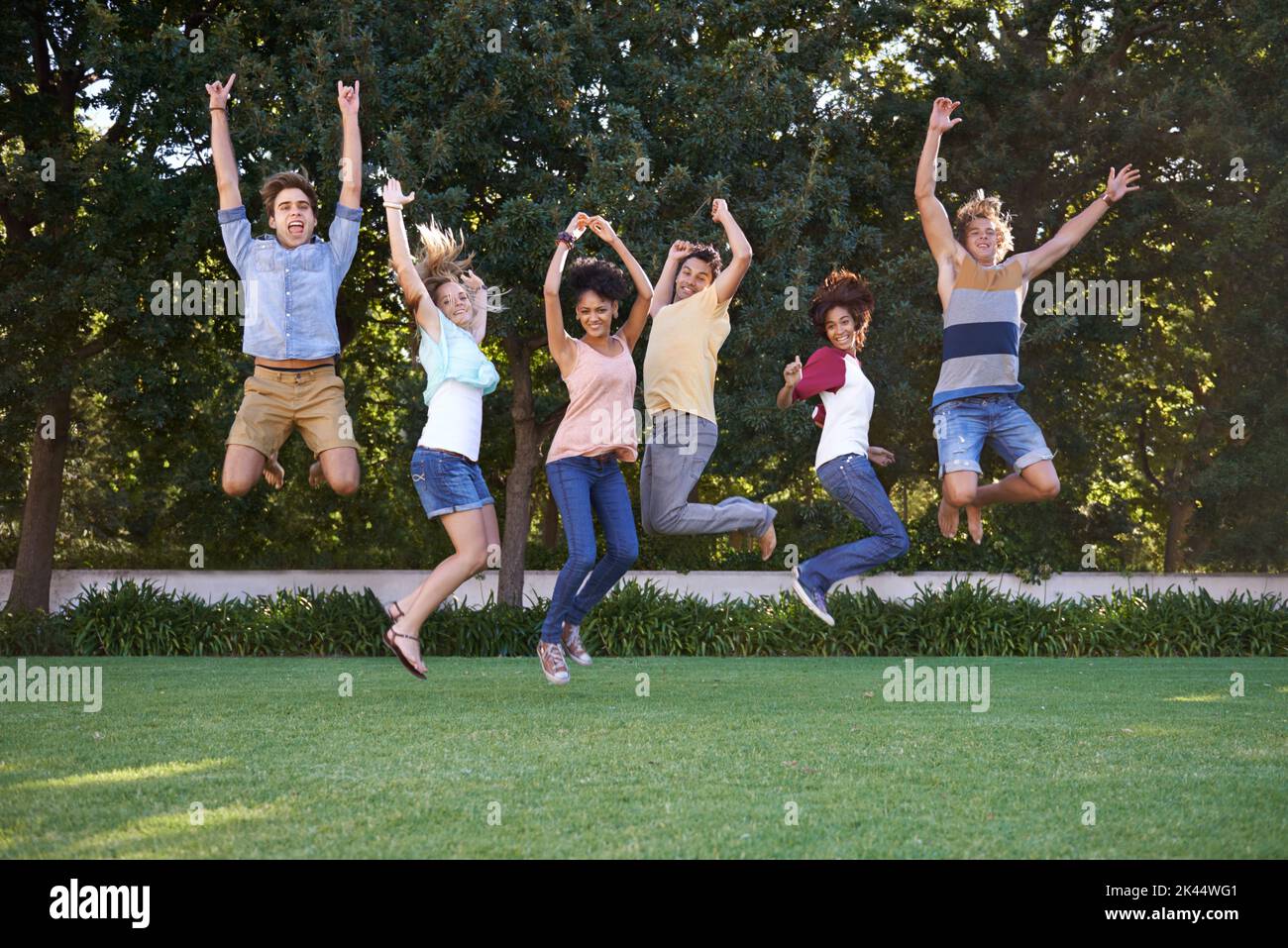 Essere sciocco insieme. Un gruppo di amici che saltano in un parco con gioia. Foto Stock