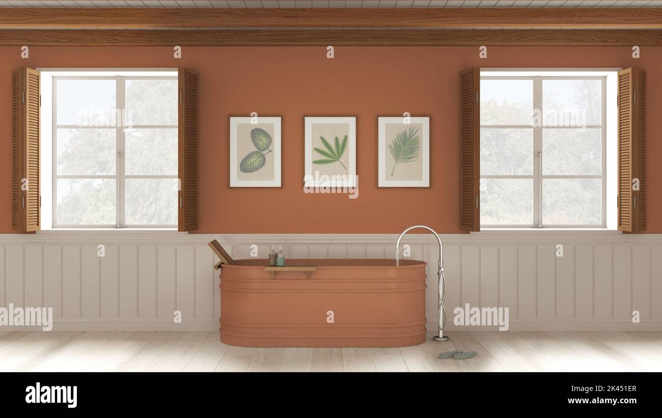 Bagno romantico con vasca autoportante nei toni del bianco e dell'arancione. Due finestre panoramiche con persiane in legno e soffitto a travi. Parquet Foto Stock