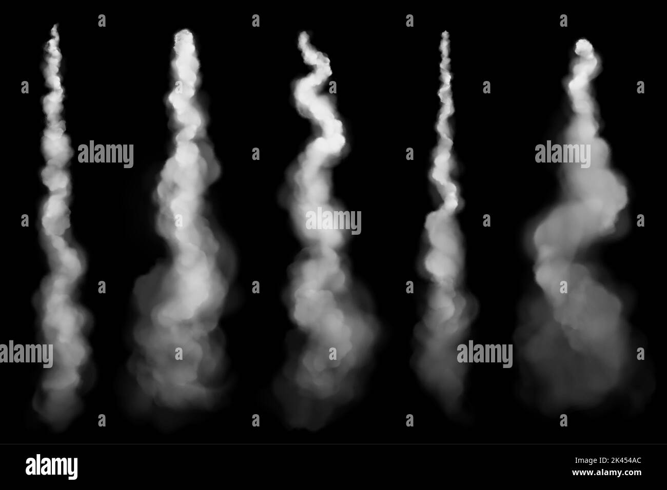 Sentiero di fumo bianco di jet, aereo o volo razzo. L'aeroplano contrasta nell'aria, spruzzi di nebbia o flusso di vapore dal decollo dell'astronave isolato sul dorso nero Illustrazione Vettoriale