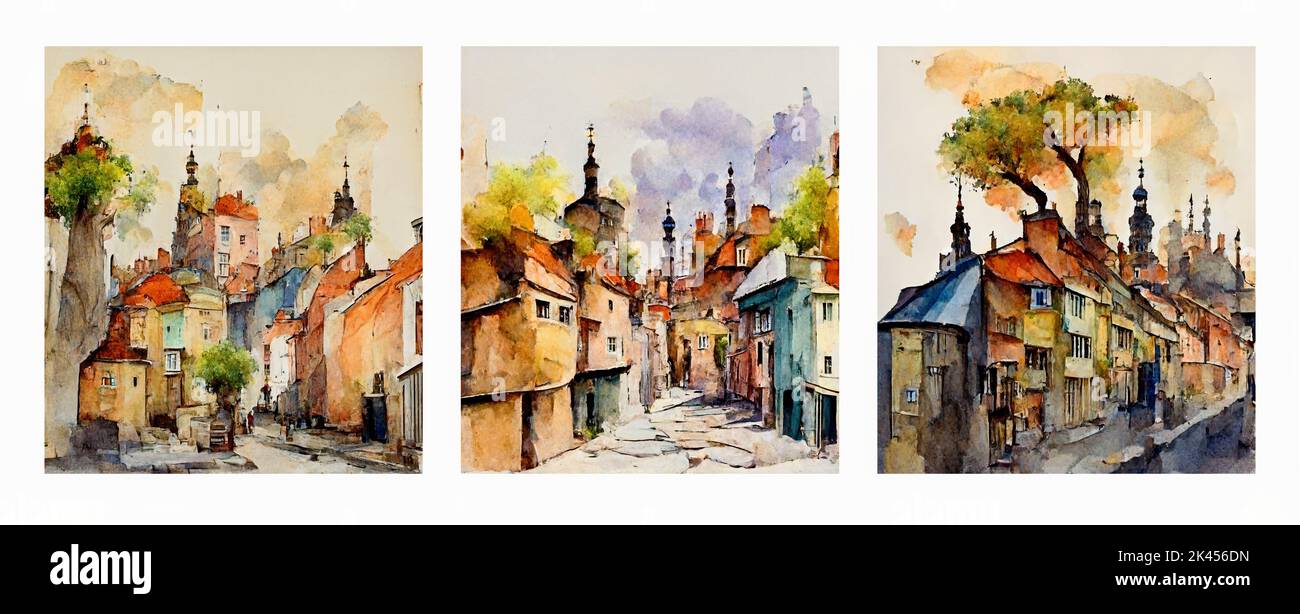 poster di acquerello. Strada della città vecchia, città europea colorato edifici e alberi Foto Stock