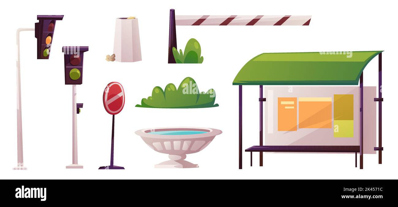 Set di elementi della città, costruttore. Fermata dell'autobus con banner pubblicitari, semafori, segnaletica stradale, barriera, cespugli, cassettiera e vaso in marmo. Strada all'aperto u Illustrazione Vettoriale