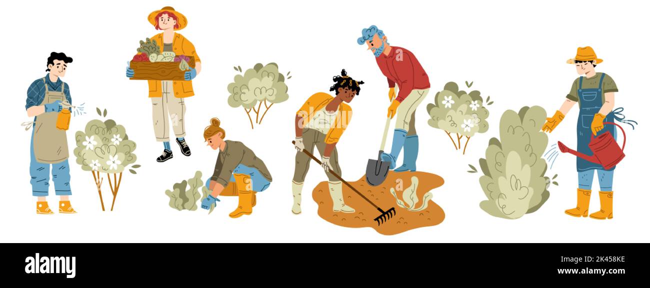 Hobby giardinaggio, set di lavori agricoli. Personaggi che lavorano in giardino. Uomini e donne che raccolgono, piantano e si prendono cura di piante, rastrellando terreno, annaffiando e fe Illustrazione Vettoriale