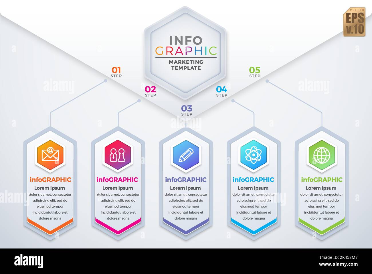 Infografica business design esagono icone colorate marketing modello vettore. 5 opzioni o passaggi isolati. È possibile utilizzare per il processo di marketing, workflo Illustrazione Vettoriale