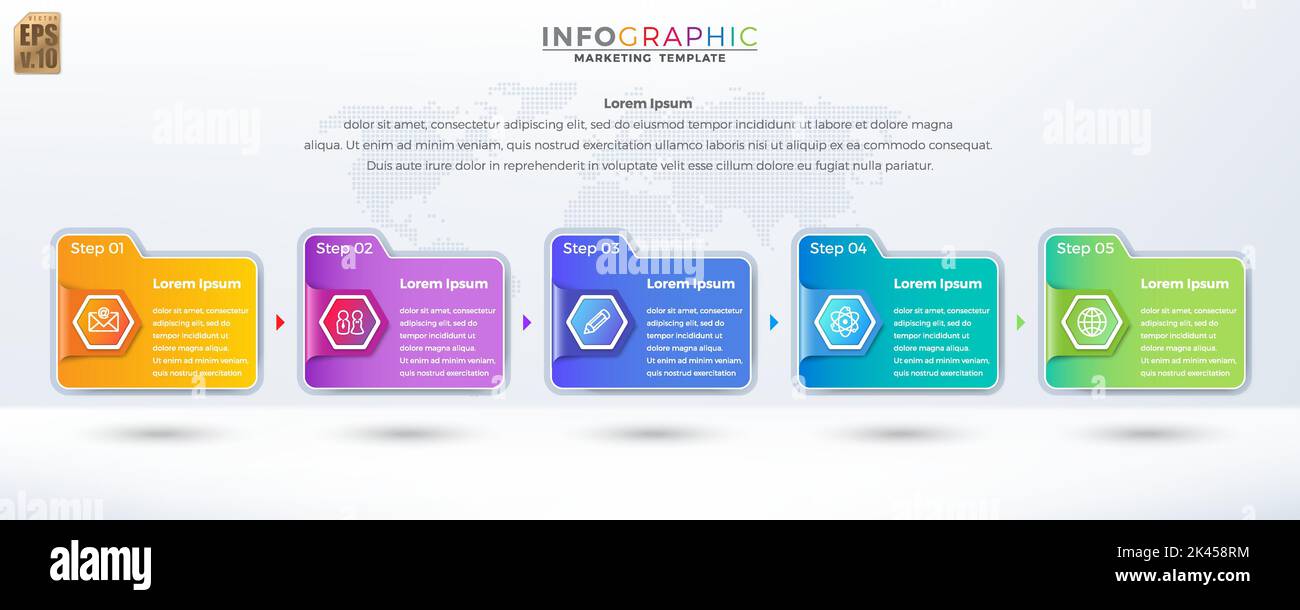Infografica disegno vettoriale Business marketing colorato modello cartella icona esagonale 5 opzioni o passi in stile minimal. Potete usare per il professionista di vendita Illustrazione Vettoriale