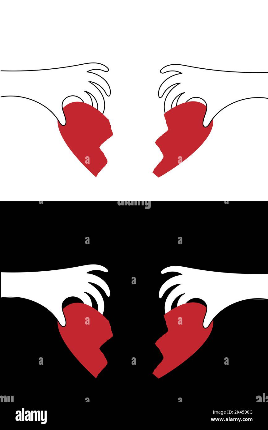 Due mani che tengono schiantato pezzi di cuore, cercando di collegare, riparare, mettere insieme. Cuore rotto, dolore amore e mani. Risolvere i problemi di relazione. Co Illustrazione Vettoriale