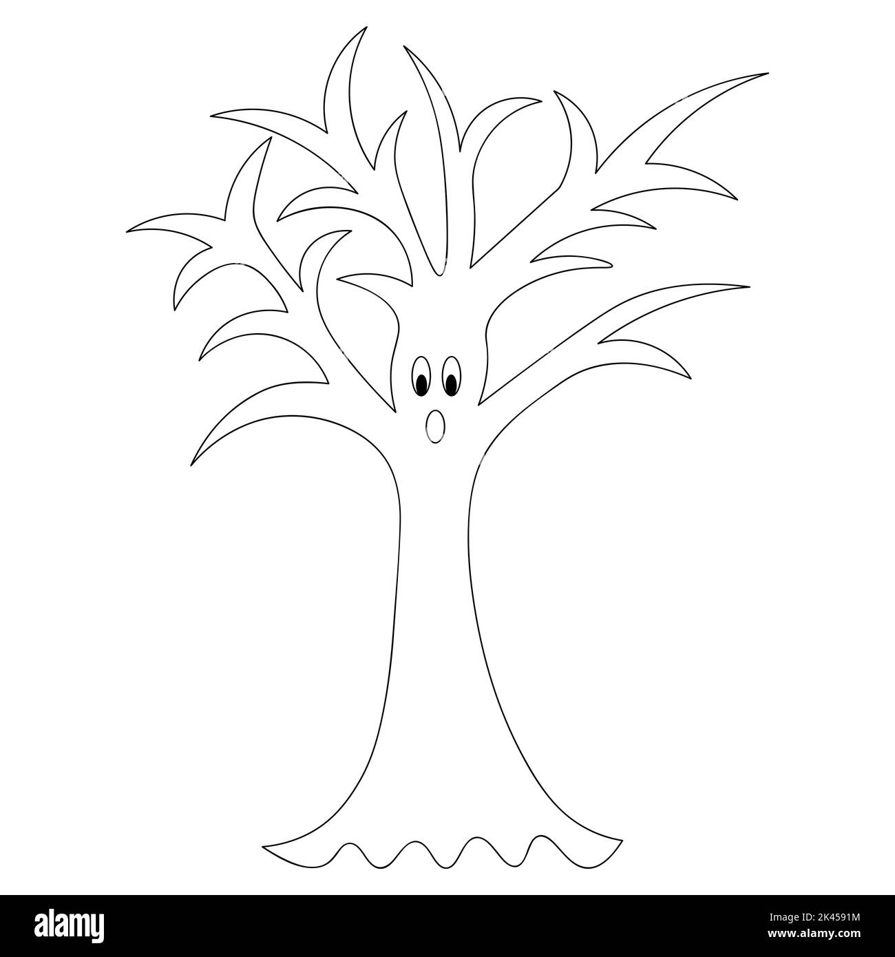 Albero magico. Sorpresa espressione facciale. Rami curvi. Illustrazione vettoriale. Contorno su sfondo bianco isolato. Stile Doodle. Libro da colorare Illustrazione Vettoriale