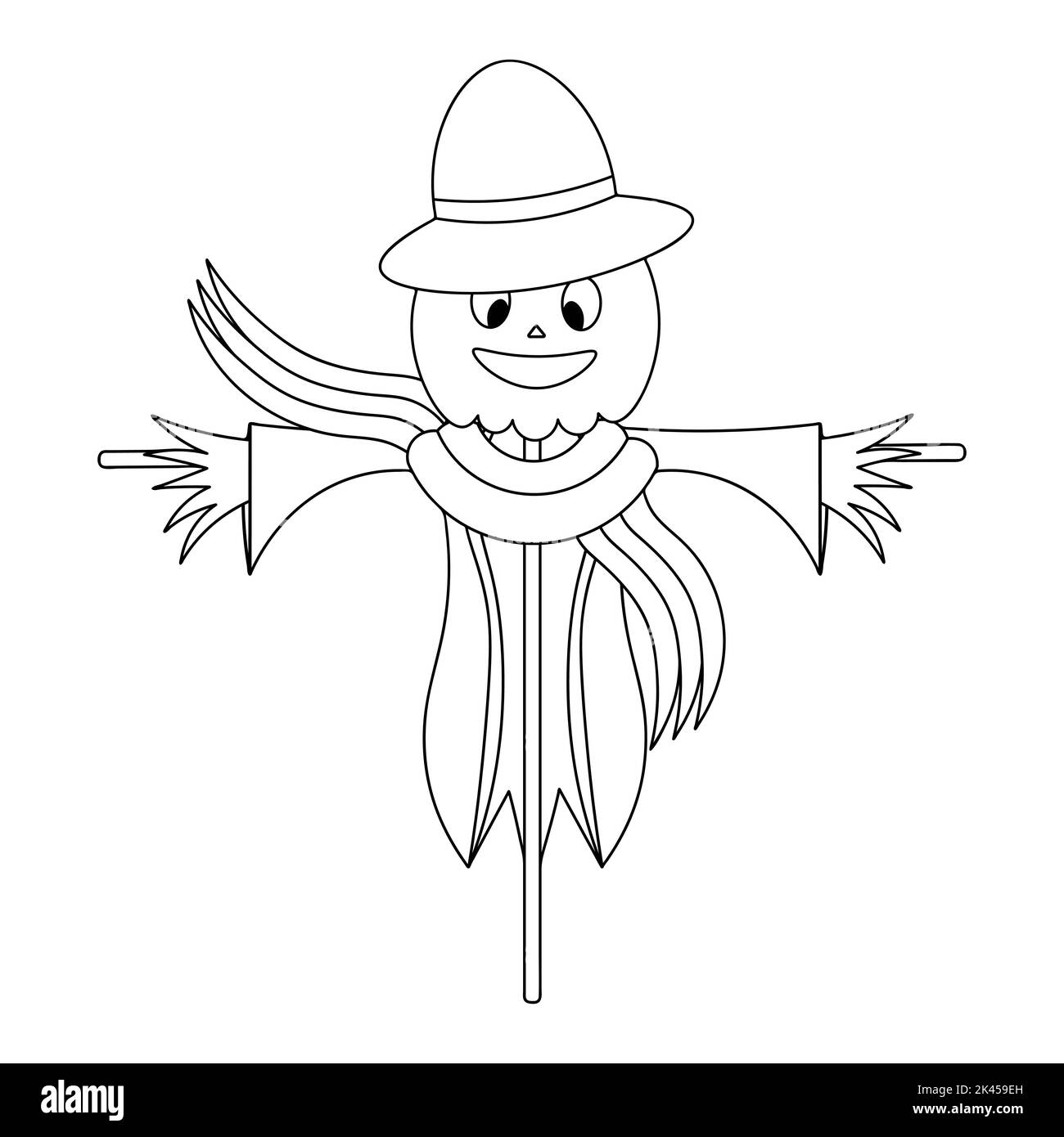 Cavecrow. Spaventare uccelli via. Zucca sulla testa. Espressione sorridente del viso. Scarecrow in stracci, cappello e sciarpa. Illustrazione vettoriale. Illustrazione Vettoriale