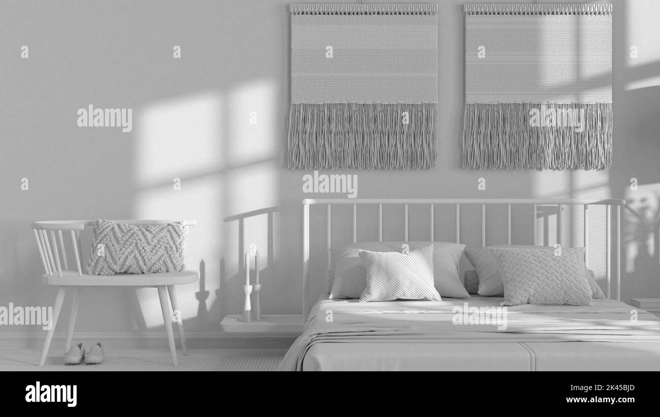 Progetto totale bianco, camera da letto wabi sabi con pareti in macrame e carta da parati. Mobili in legno, tappeti e letto matrimoniale. Design d'interni in stile giapponese Foto Stock