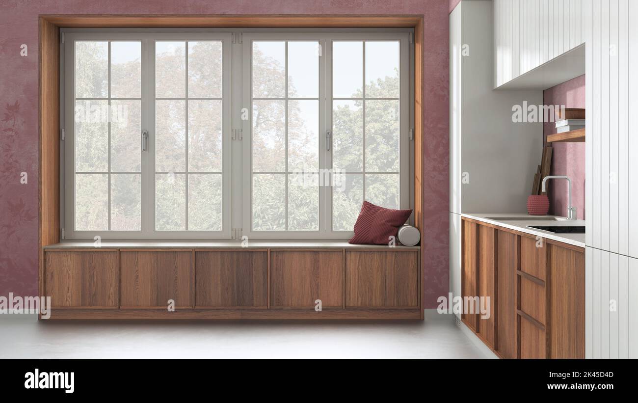 Cucina moderna e accogliente e grande finestra con panca nei toni del bianco e del rosso. Carta da parati e pavimento in cemento. Interni dal design minimalista in japandi Foto Stock