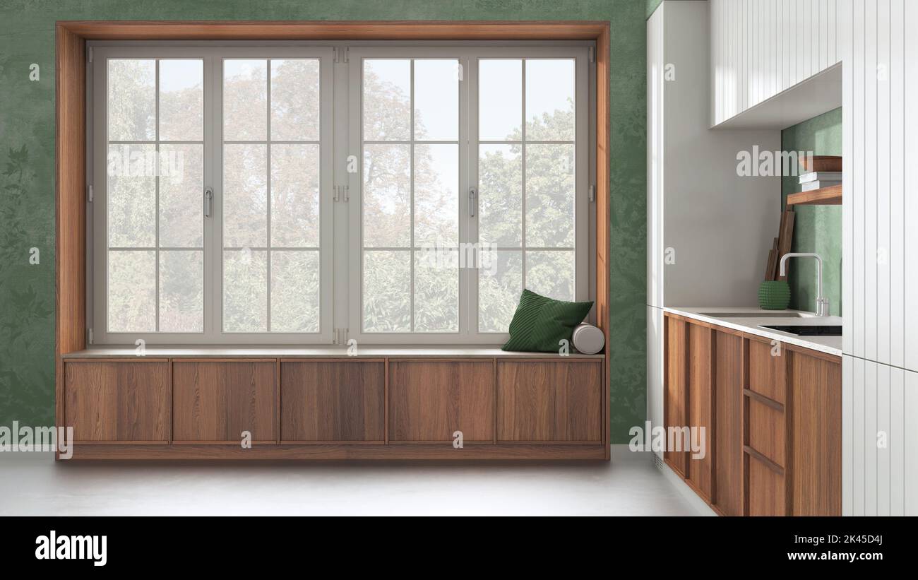 Cucina moderna e accogliente e grande finestra con panca nei toni del bianco e del verde. Carta da parati e pavimento in cemento. Interni dal design minimalista in japandi Foto Stock