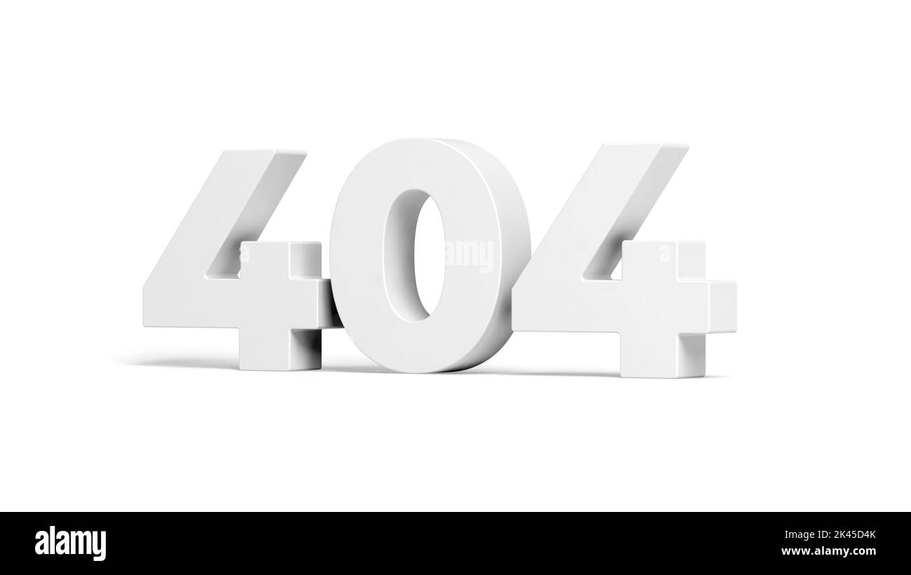 errore 404 isolato su sfondo bianco. Pagina non trovata. illustrazione 3d. Foto Stock