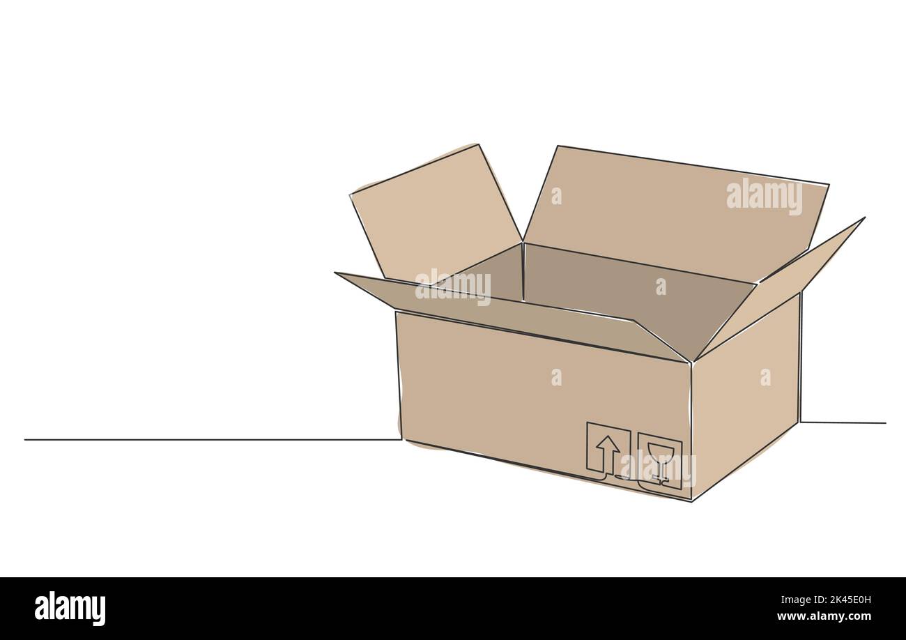 disegno a linea singe della scatola di cartone aperta isolata su sfondo bianco, illustrazione vettoriale line art Illustrazione Vettoriale