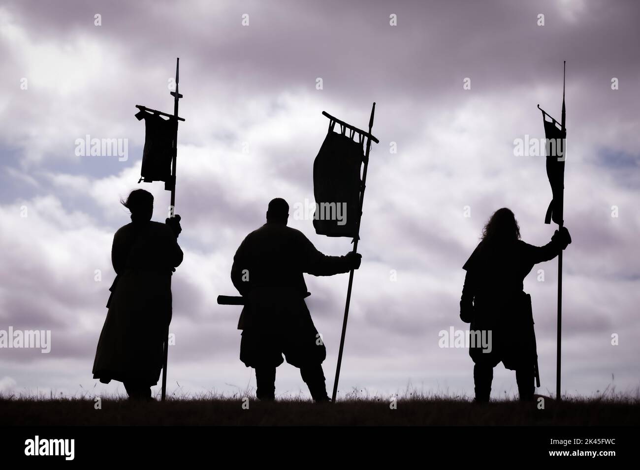 Sagoma dei reenattori vichinghi che tengono striscioni al Trelleborg Viking Festival, Danimarca Foto Stock