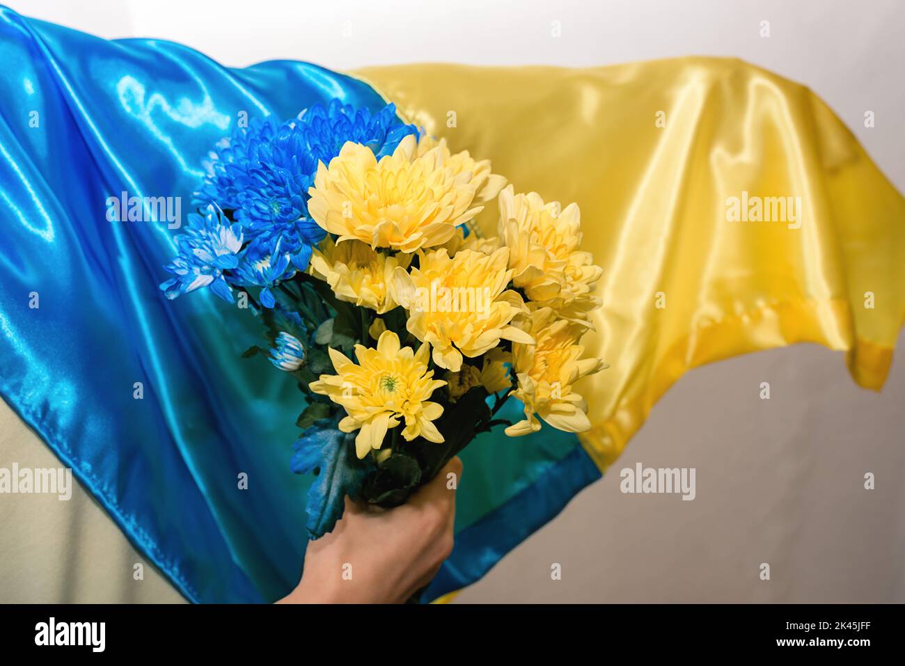 La ragazza sta tenendo fiori patriottici blu-gialli di fronte alla bandiera nazionale dell'Ucraina. Famiglia, unità, sostegno. Spazio di copia Foto Stock
