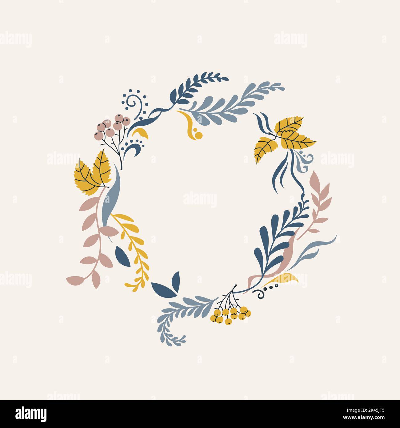Elegante corona autunnale di foglie, ramoscelli e grappoli di rowan. Illustrazione vettoriale alla moda per il design. Illustrazione Vettoriale