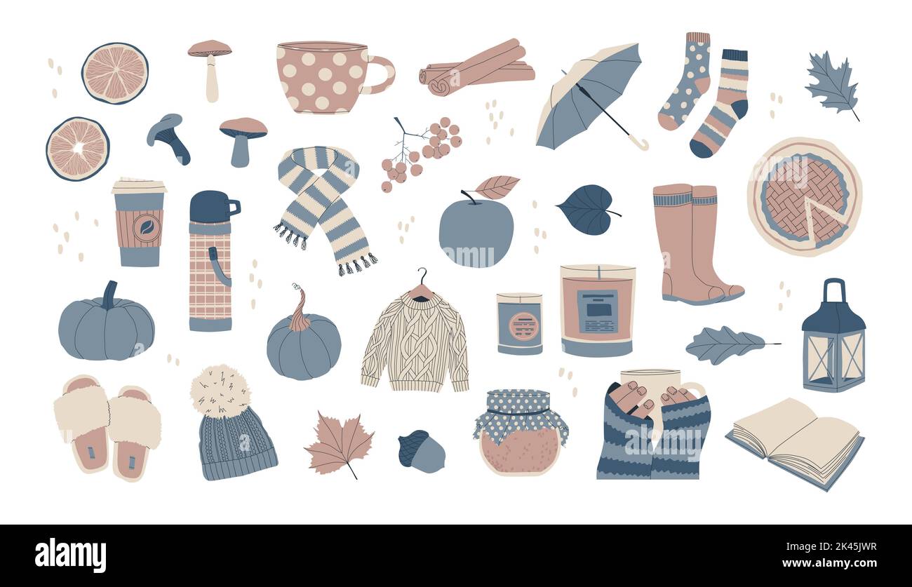 Grande set di elementi di design autunnali. Un maglione a maglia, un cappello con un pom-pom, un vasetto di marmellata, un ombrello aperto e stivali di gomma. Vettore trendy Illustrazione Vettoriale