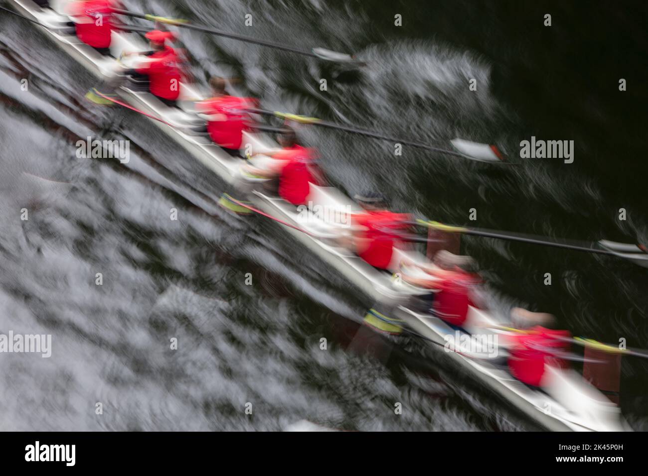 Vista dall'alto di un equipaggio in voga in una barca a scafo octuple da corsa, vogatori, sfocatura del movimento. Foto Stock