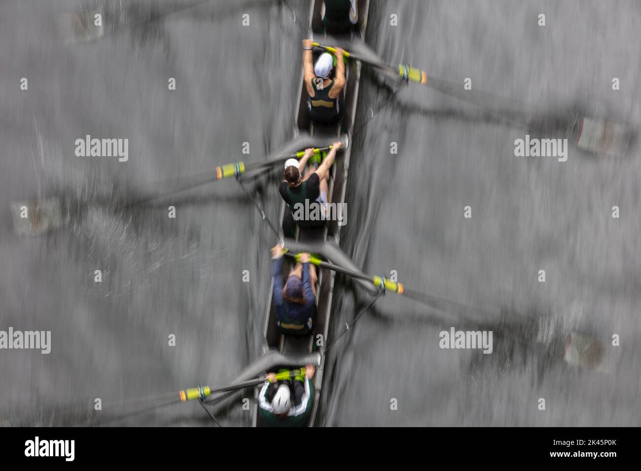 Vista dall'alto di piloti di equipaggio femminili che remano in una conchiglia da corsa octupla, una squadra di eights. Foto Stock