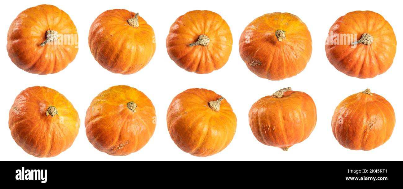 Dieci diverse immagini di zucca (zucca Hokkaido) isolato su bianco. Posizionamento diverso con la stessa impostazione di illuminazione. Foto Stock