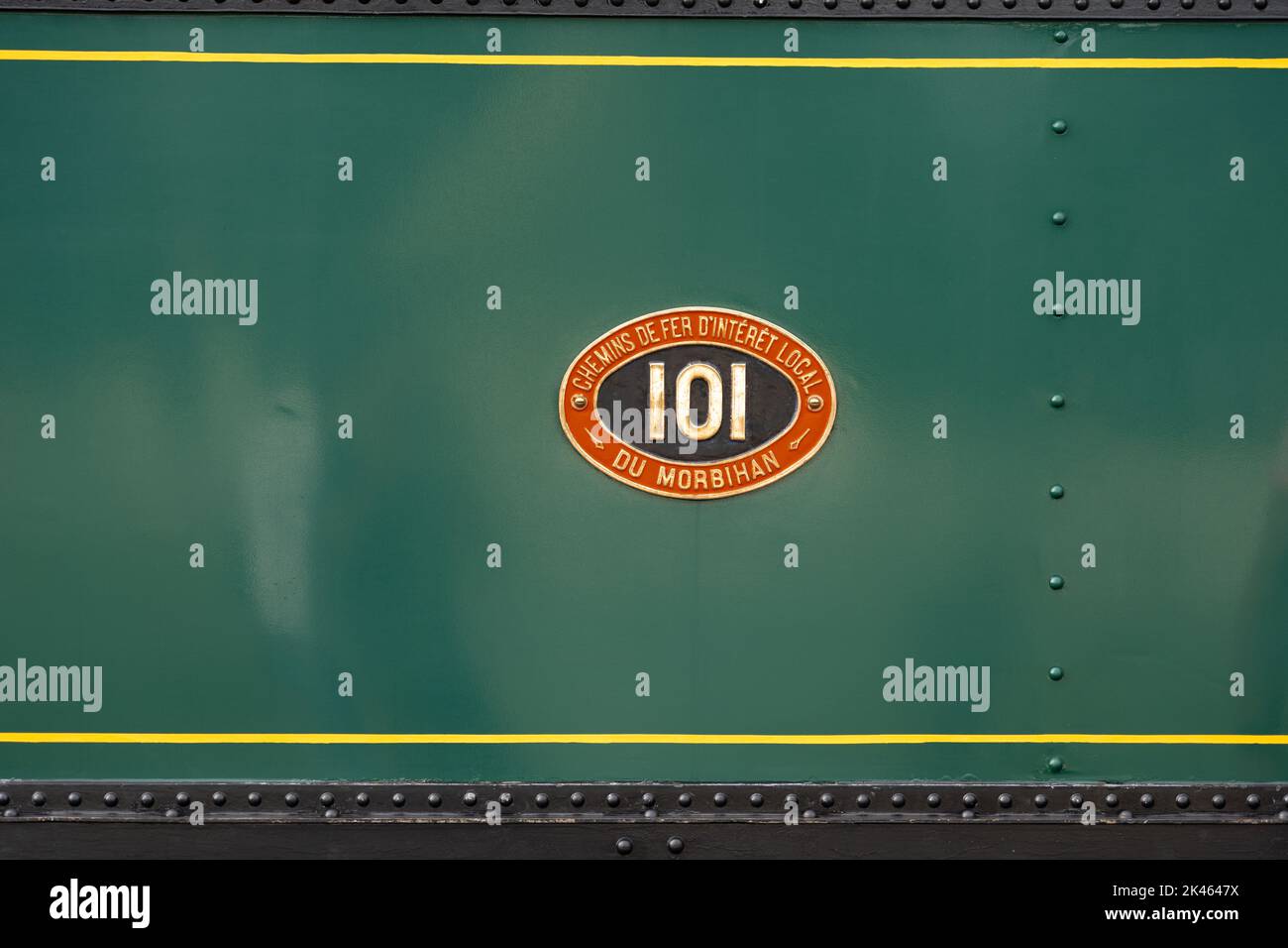 Targhe attaccate ad un treno a vapore. Foto Stock