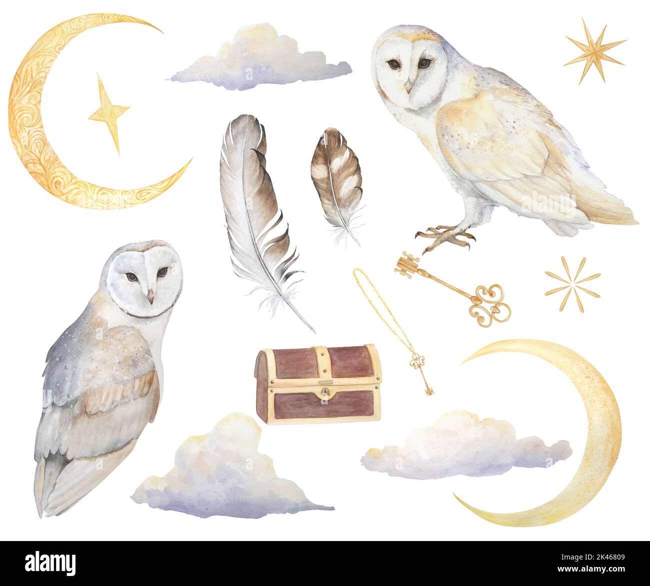 Acquerello illustrazione di gufi fienile, nuvole viola-gialle, chiave, petto d'annata, luna e stelle set isolato. Può essere utilizzato come stampa per cartoline, clone Foto Stock