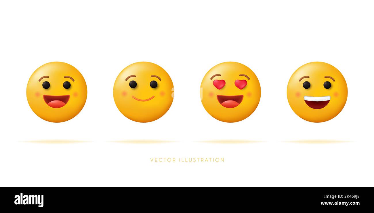 Set di icone felici emozione. Emoticon gialle. Illustrazione vettoriale in stile cartone animato 3D Illustrazione Vettoriale