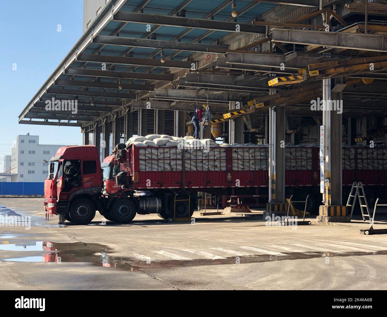 Pechino, Cina. 18th Feb, 2020. I dipendenti di Louis Dreyfus (Tianjin), società a responsabilità limitata nel settore della tecnologia alimentare, caricano i pasti di soia su un camion nel nord della Cina, a Tianjin, 18 febbraio 2020. Credit: Canzone Rui/Xinhua/Alamy Live News Foto Stock