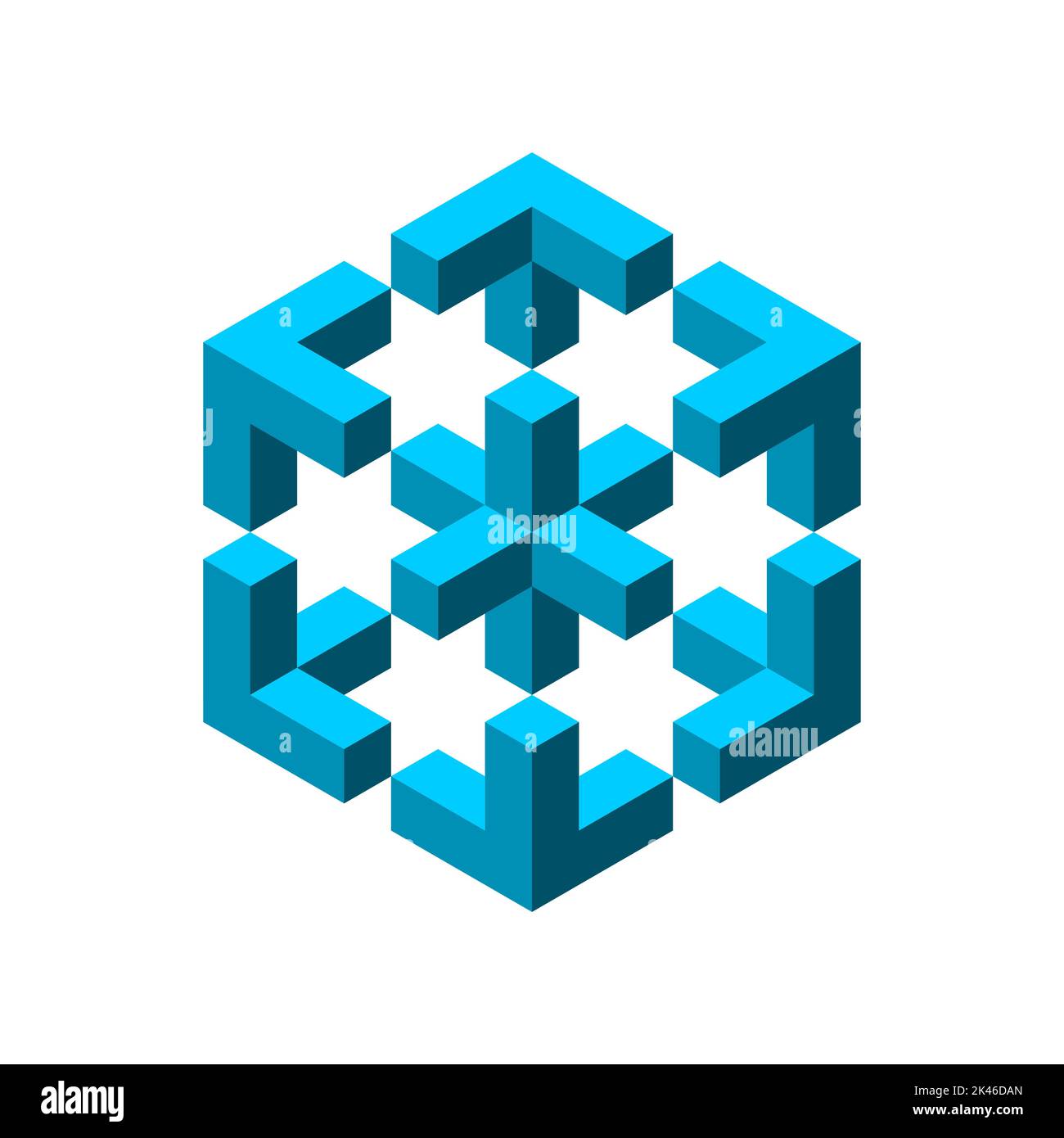 Forma impossibile fatta di cubi. Penrose esher oggetto geometrico. Proiezione isometrica. Forma esagonale con una croce al centro. Design a 3D blocchi blu Illustrazione Vettoriale